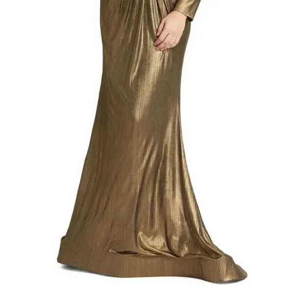Mac Duggal Bronze Metallic Long Sleeve Faux Wrap Gown
